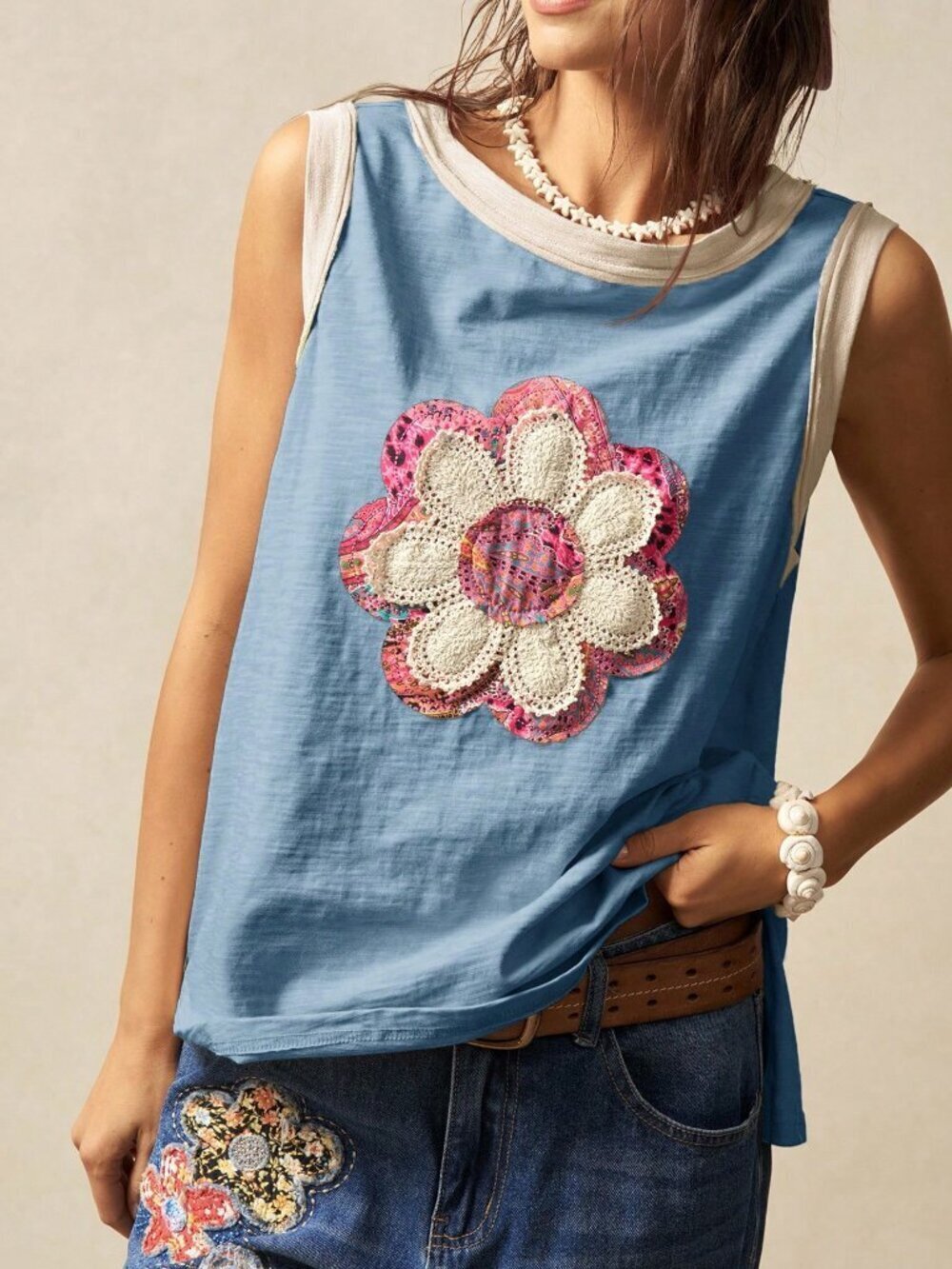 Multicolor Casual Women's Knitted Sleeveless Fit Boho Flower Tank Top